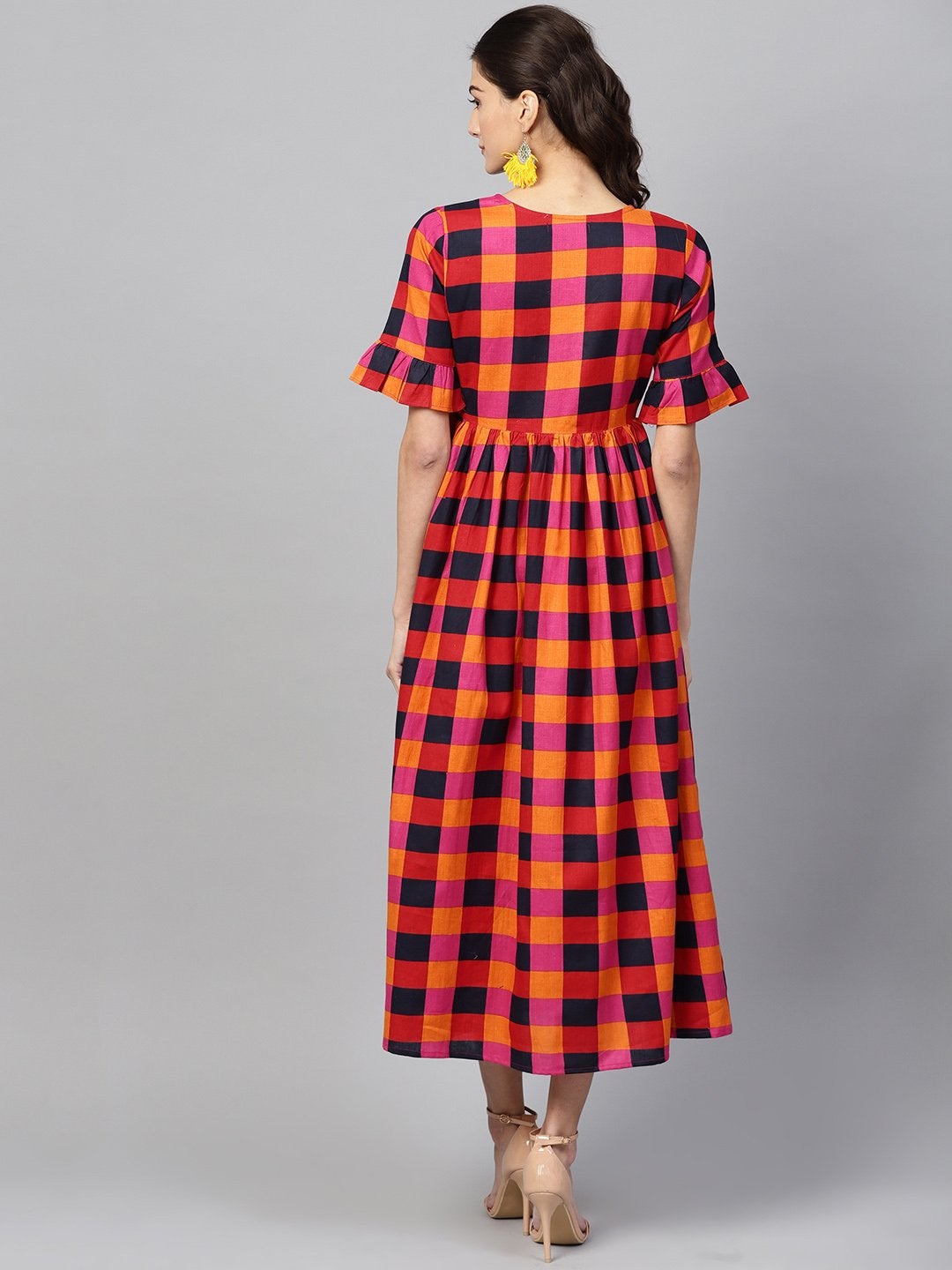 Women's Multi Check Gathered Waist Dress