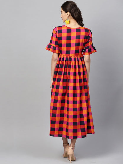 Women's Multi Check Gathered Waist Dress