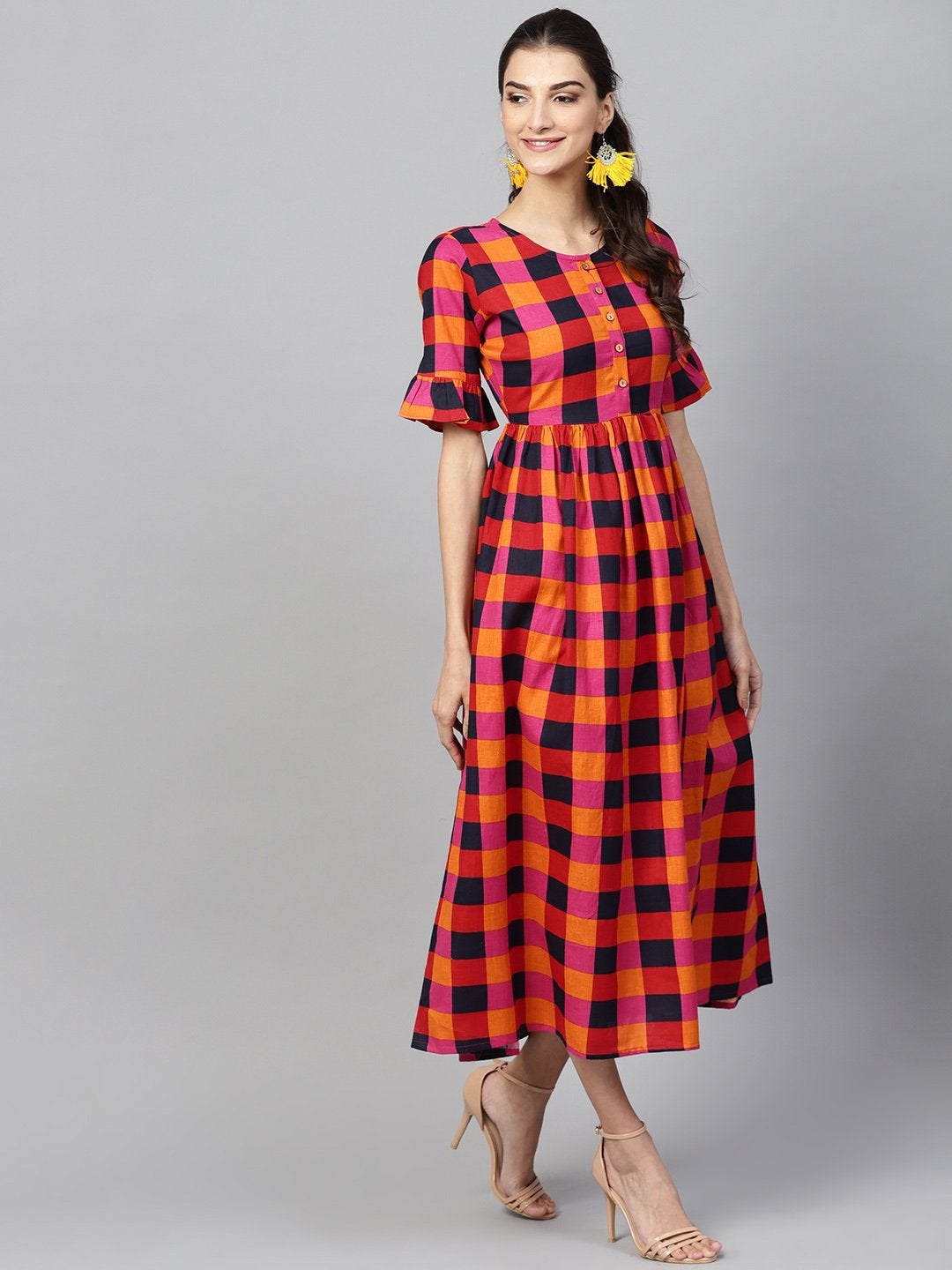 Women's Multi Check Gathered Waist Dress