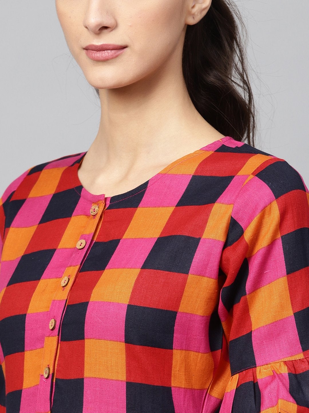 Women's Multi Check Gathered Waist Dress