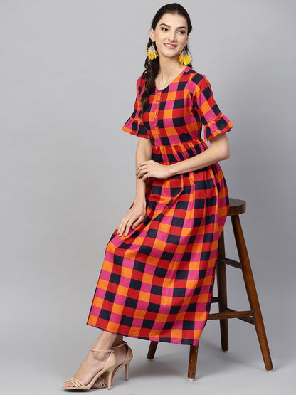 Women's Multi Check Gathered Waist Dress