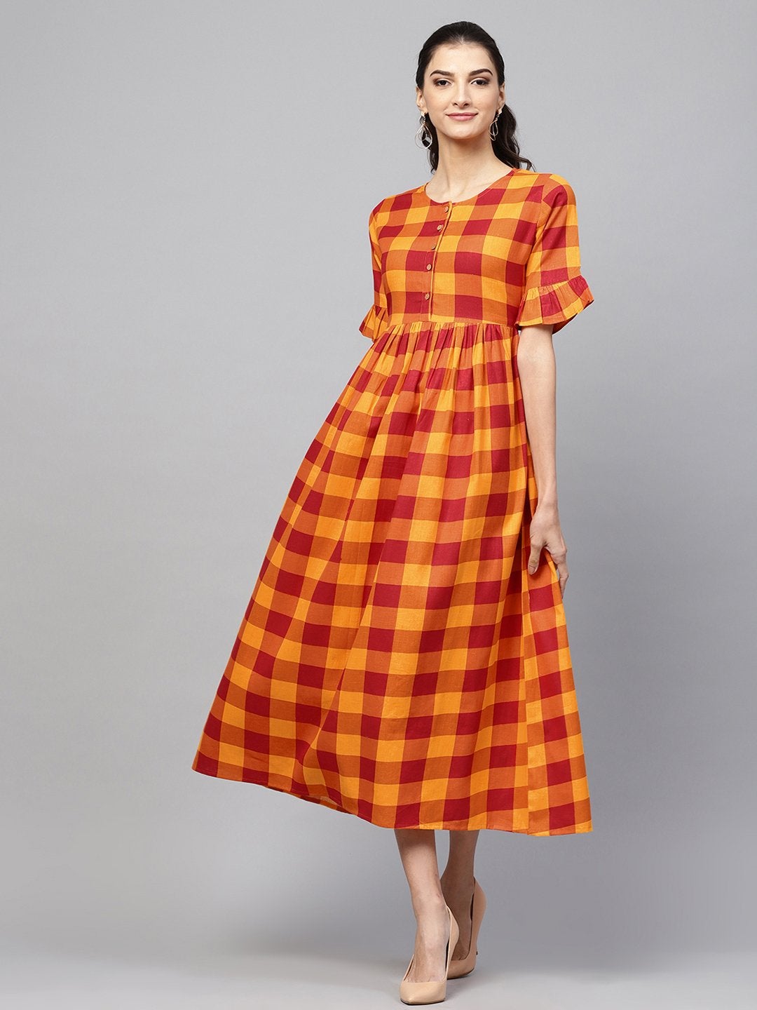 Women's Yellow Check Gathered Waist Dress
