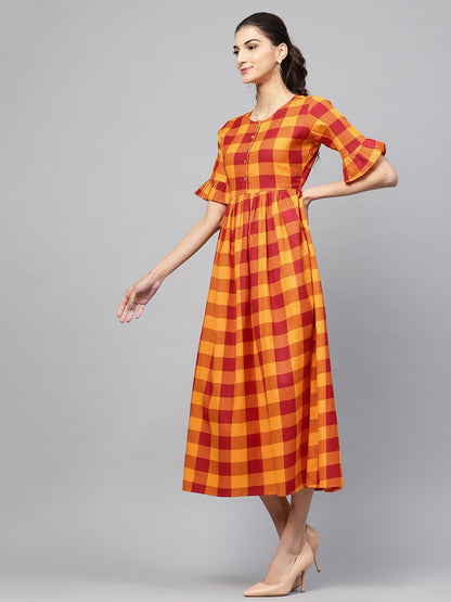 Women's Yellow Check Gathered Waist Dress