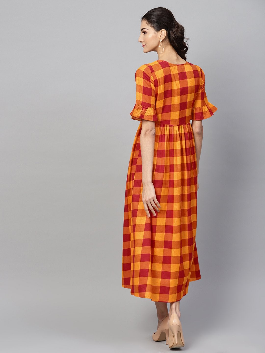 Women's Yellow Check Gathered Waist Dress