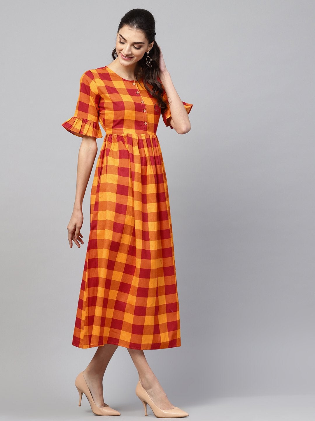 Women's Yellow Check Gathered Waist Dress