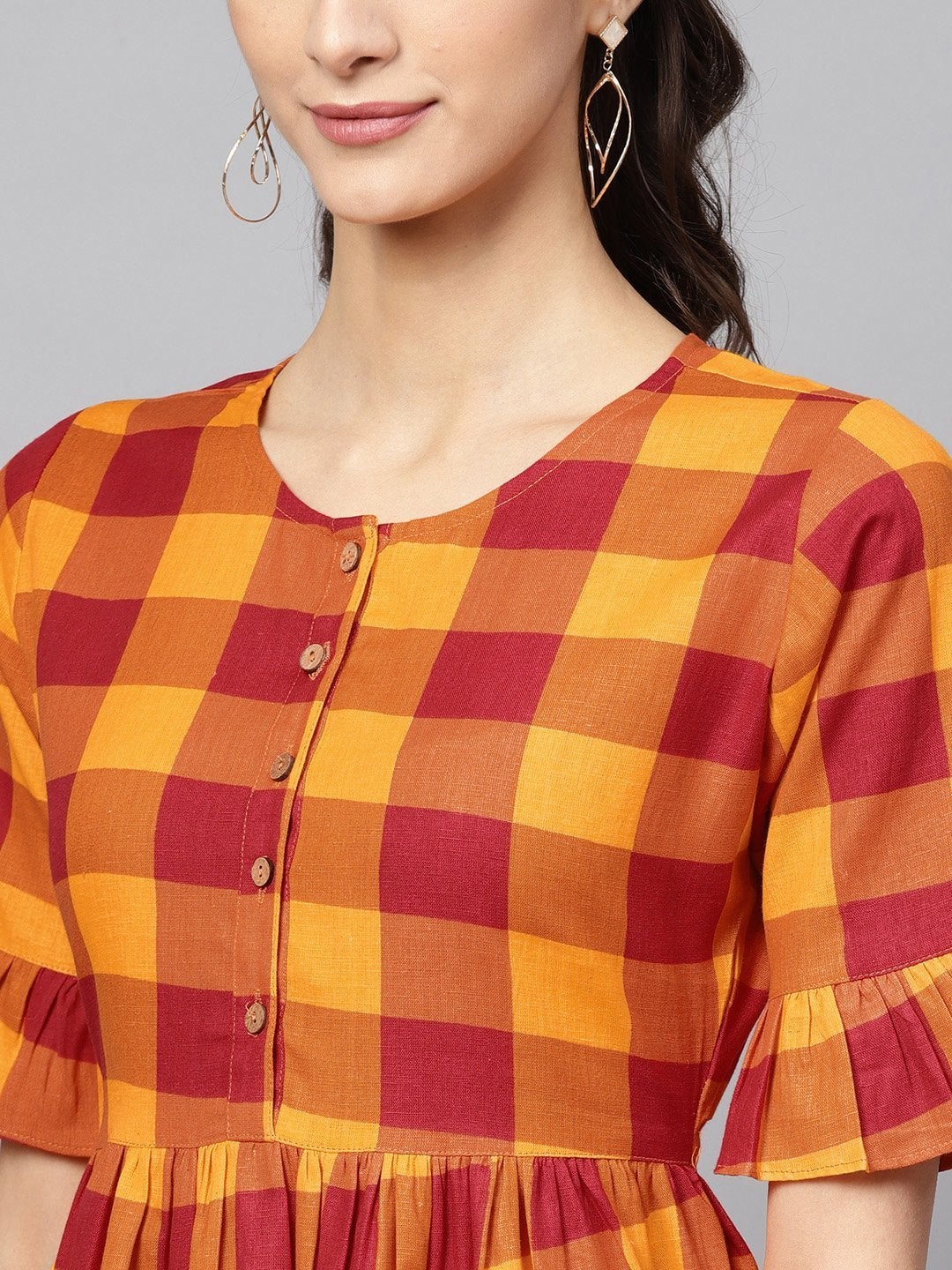 Women's Yellow Check Gathered Waist Dress