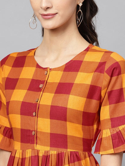 Women's Yellow Check Gathered Waist Dress