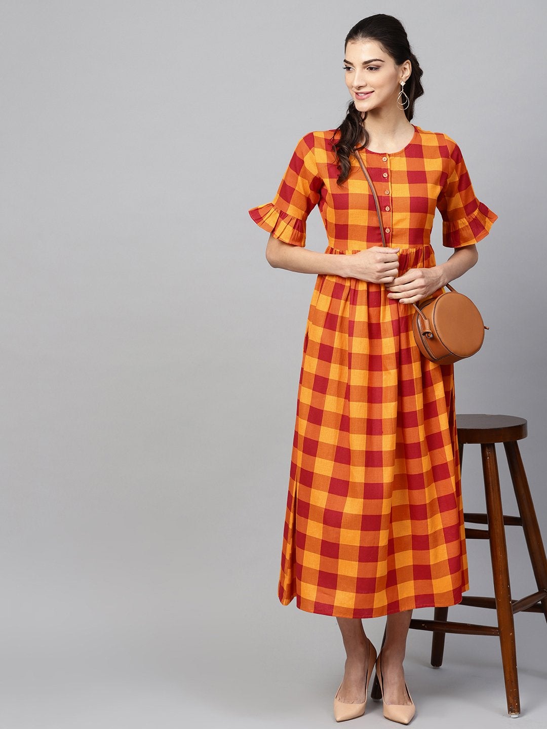 Women's Yellow Check Gathered Waist Dress