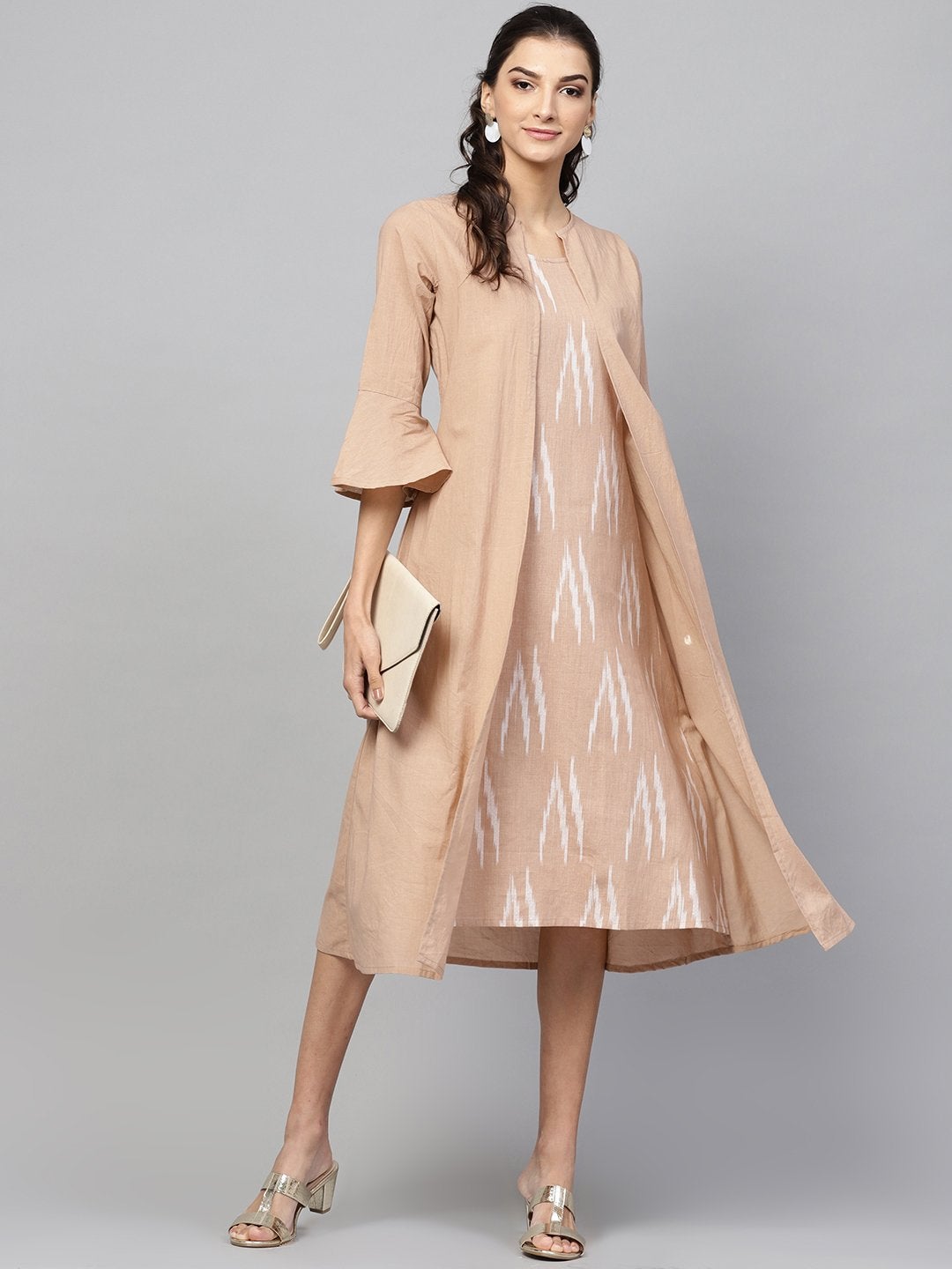 Women's Brown Ikat Mock Shrug Dress