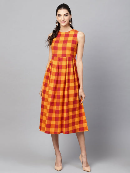Women's Yellow Check Box Pleat Sleeveless Dress