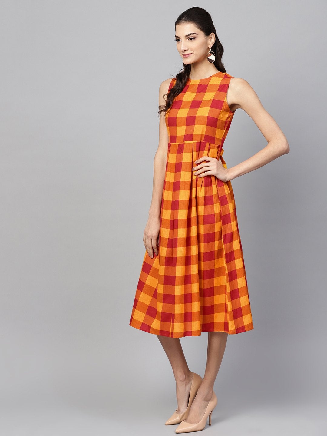 Women's Yellow Check Box Pleat Sleeveless Dress