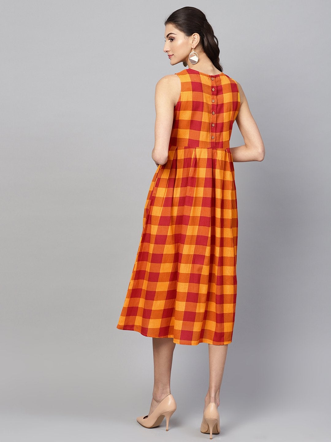 Women's Yellow Check Box Pleat Sleeveless Dress
