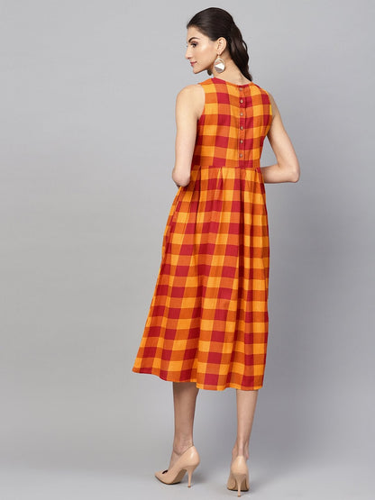 Women's Yellow Check Box Pleat Sleeveless Dress