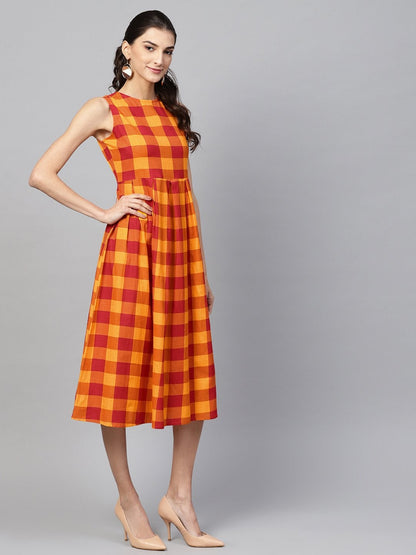 Women's Yellow Check Box Pleat Sleeveless Dress
