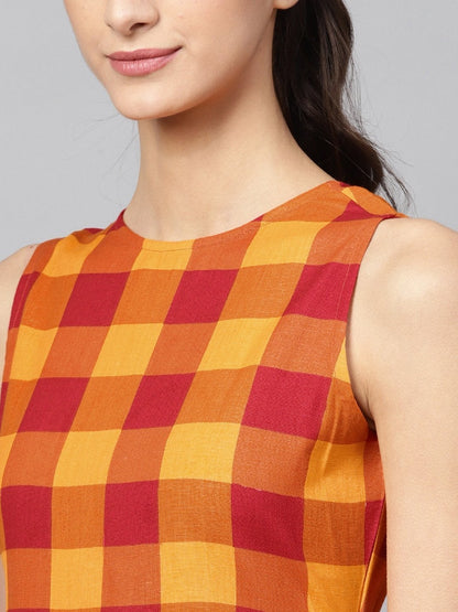 Women's Yellow Check Box Pleat Sleeveless Dress