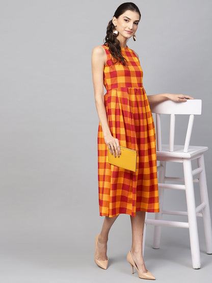 Women's Yellow Check Box Pleat Sleeveless Dress