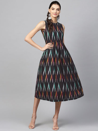 Women's Black Ikat Box Pleat Sleeveless Dress