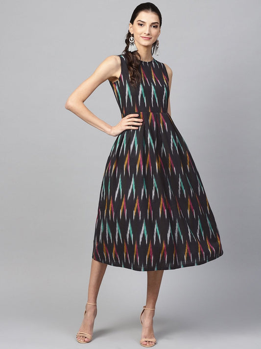 Women's Black Ikat Box Pleat Sleeveless Dress