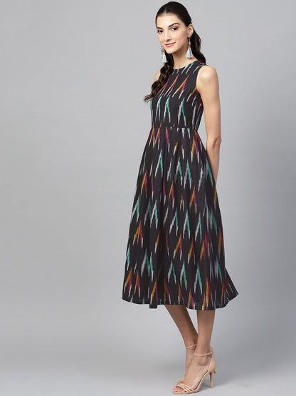 Women's Black Ikat Box Pleat Sleeveless Dress