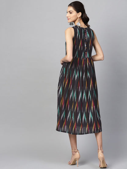 Women's Black Ikat Box Pleat Sleeveless Dress