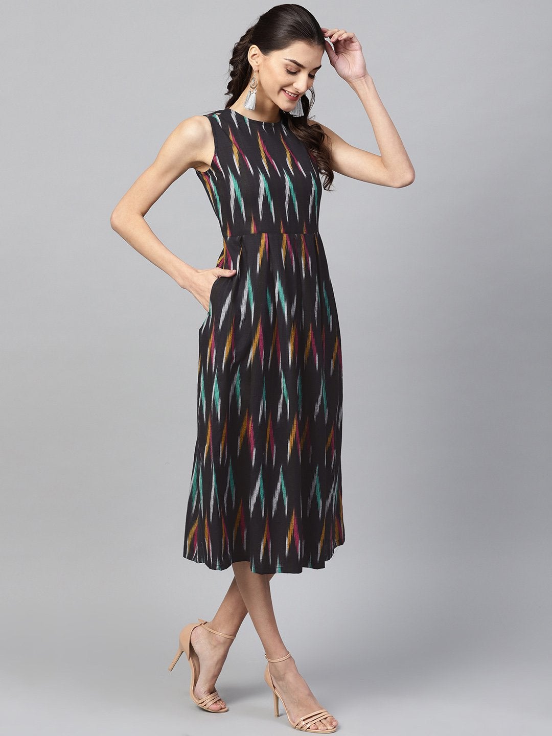 Women's Black Ikat Box Pleat Sleeveless Dress