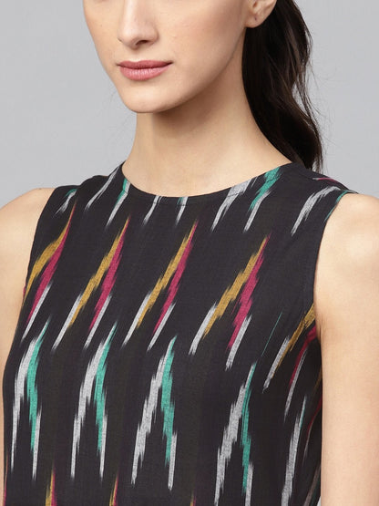 Women's Black Ikat Box Pleat Sleeveless Dress