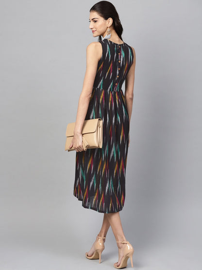 Women's Black Ikat Box Pleat Sleeveless Dress