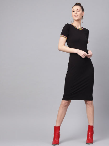 Women's Black Bodycon Rib-Trim Athleisure Dress