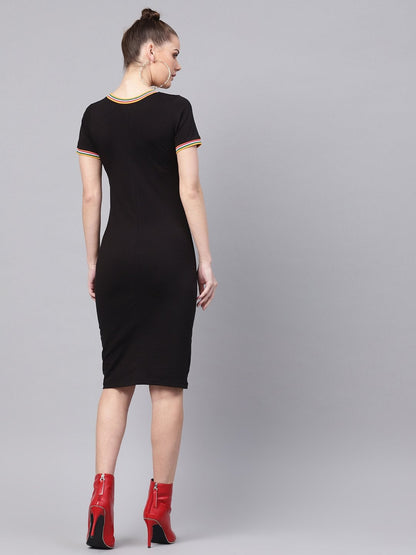 Women's Black Bodycon Rib-Trim Athleisure Dress