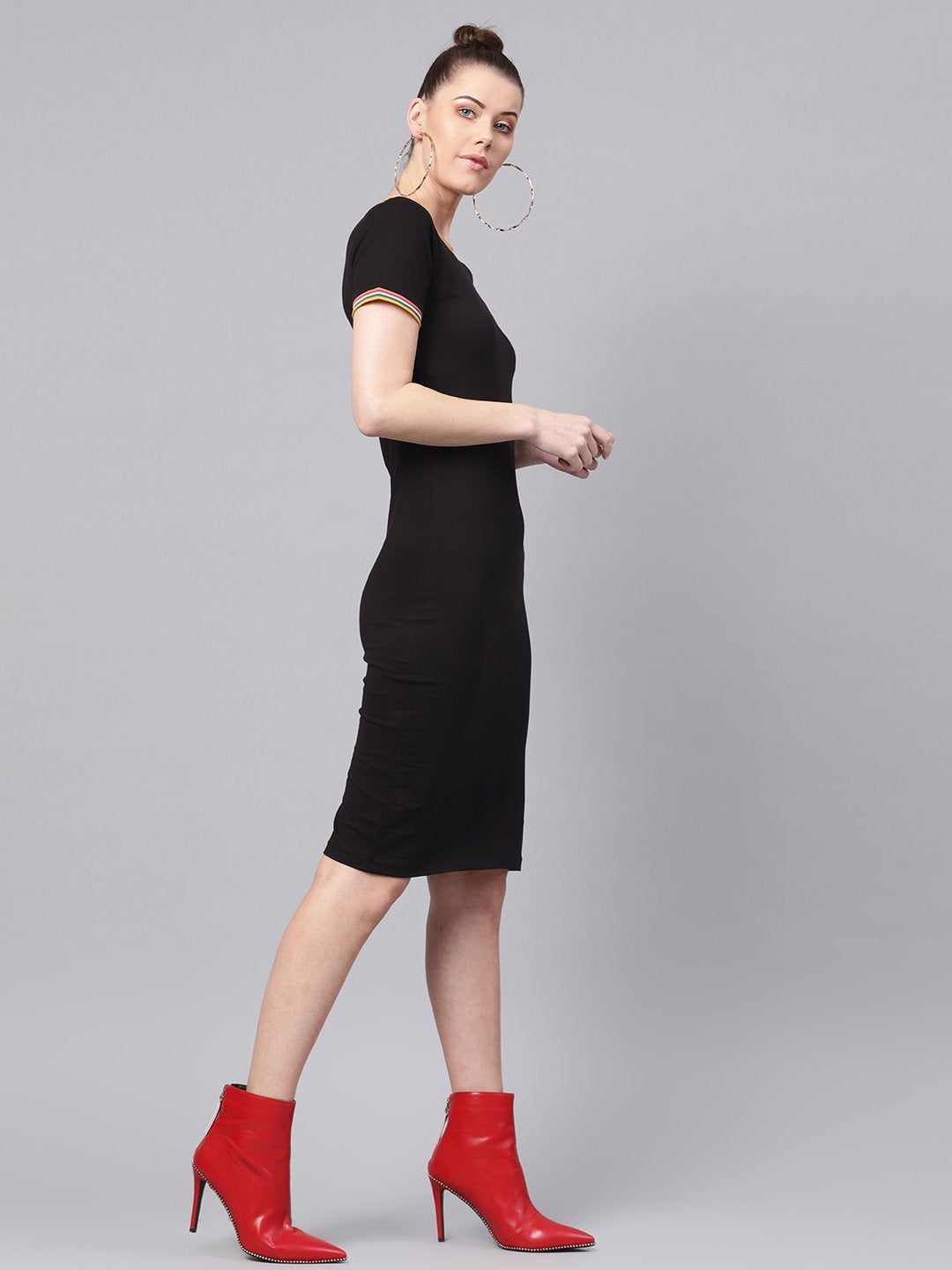 Women's Black Bodycon Rib-Trim Athleisure Dress