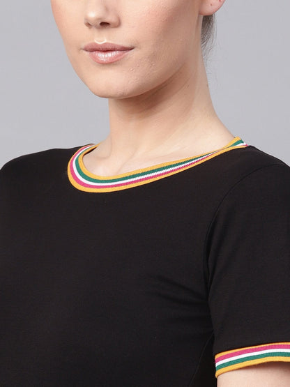 Women's Black Bodycon Rib-Trim Athleisure Dress