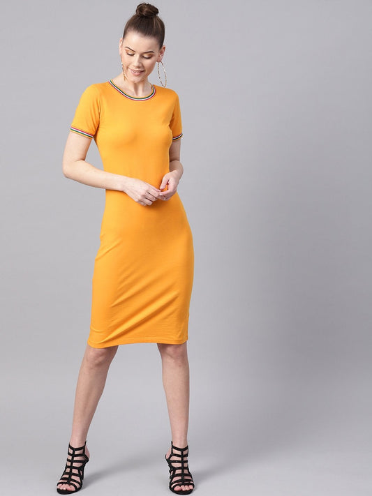 Women's Mustard Short Rib-Trim Athleisure Dress