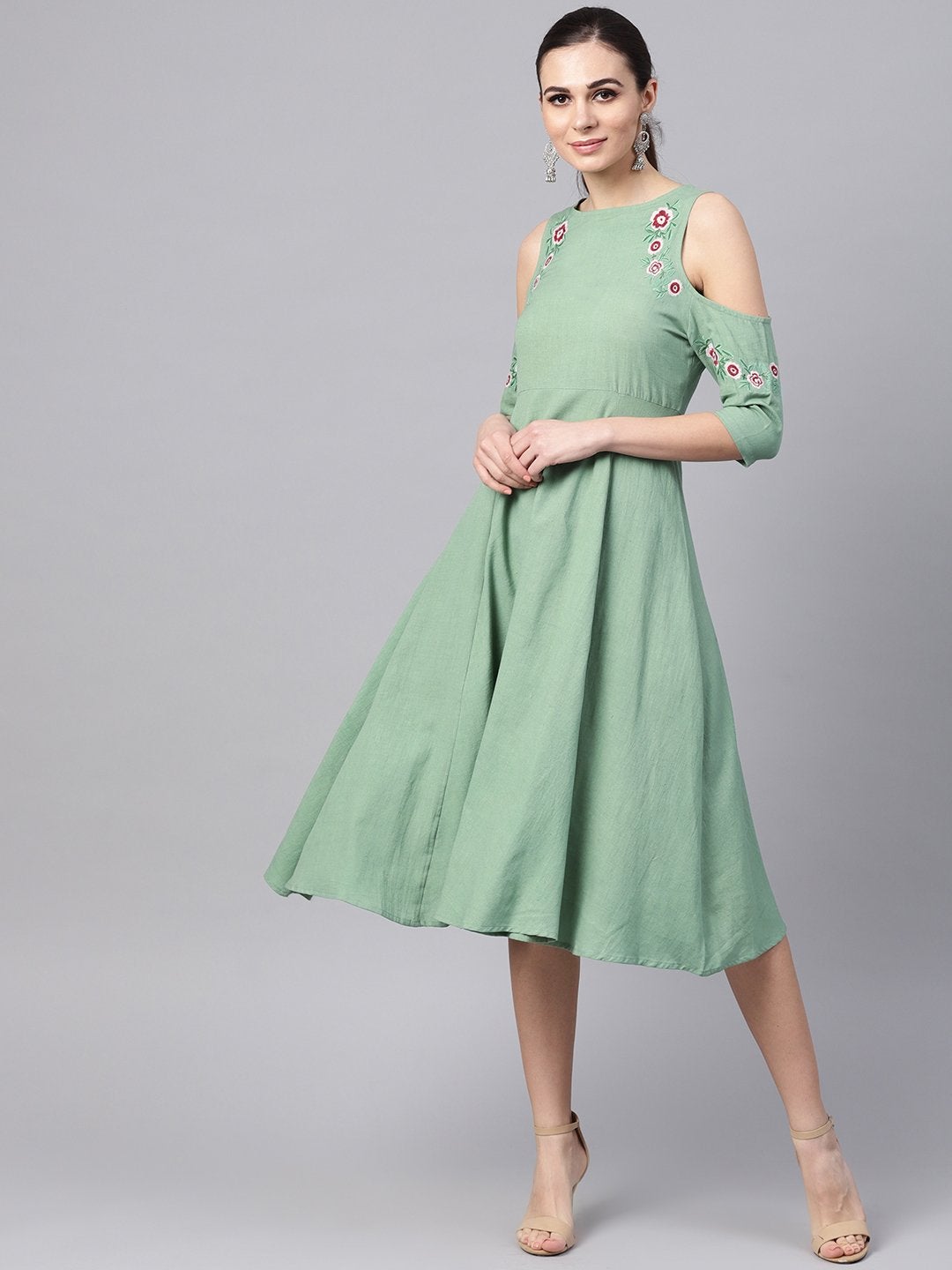 Women's Olive Embroidered Cold Shoulder Dress