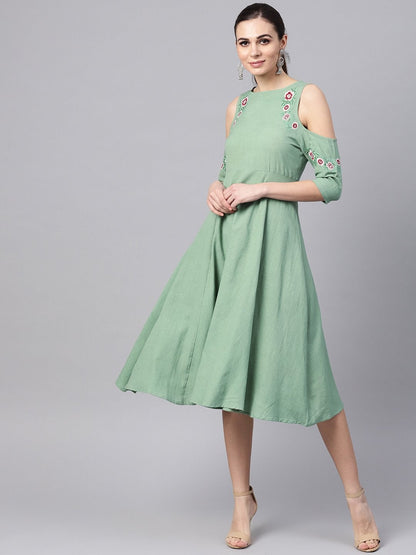 Women's Olive Embroidered Cold Shoulder Dress