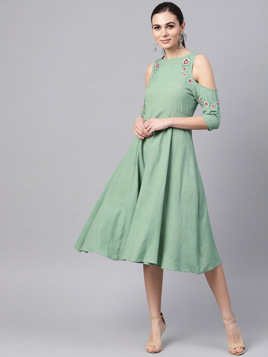 Women's Olive Embroidered Cold Shoulder Dress