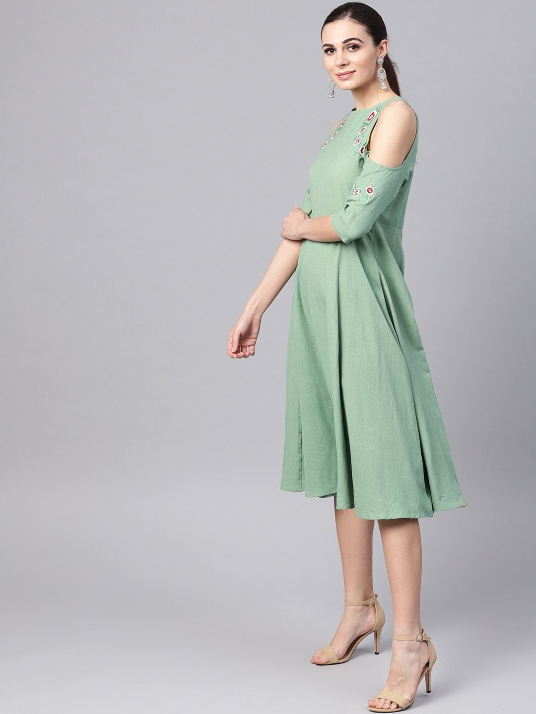 Women's Olive Embroidered Cold Shoulder Dress