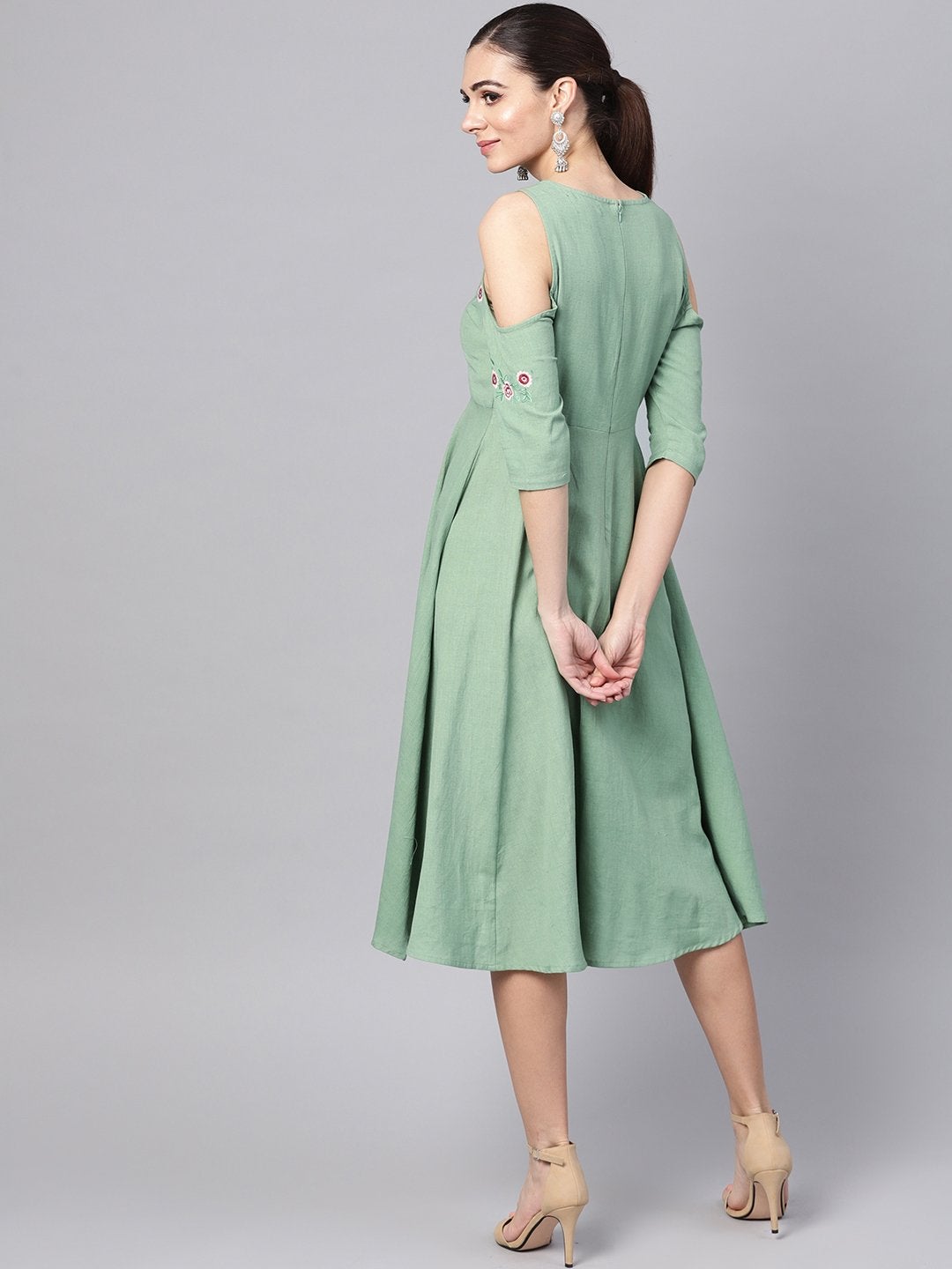 Women's Olive Embroidered Cold Shoulder Dress