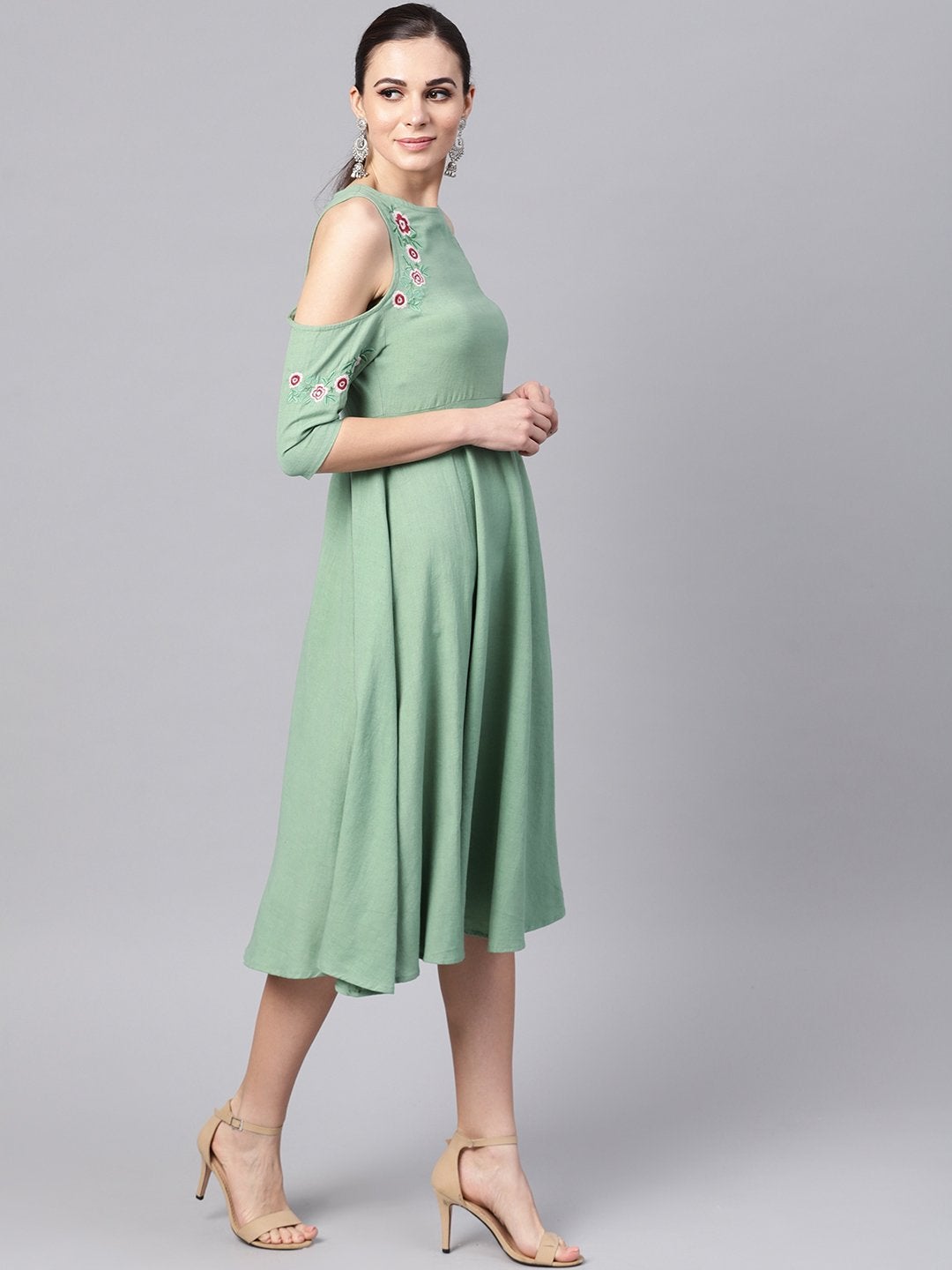 Women's Olive Embroidered Cold Shoulder Dress