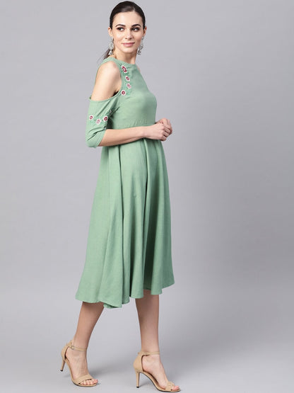 Women's Olive Embroidered Cold Shoulder Dress