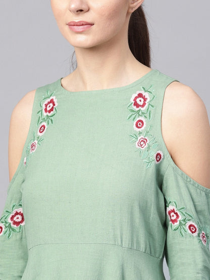 Women's Olive Embroidered Cold Shoulder Dress