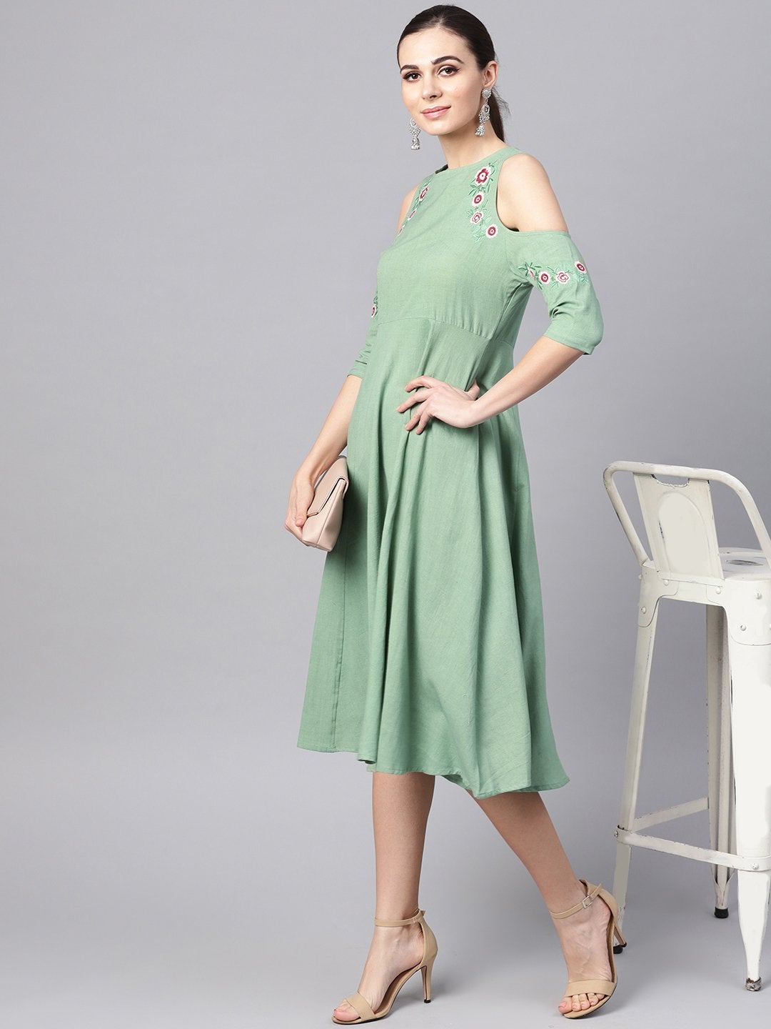 Women's Olive Embroidered Cold Shoulder Dress