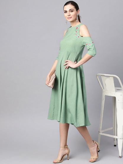Women's Olive Embroidered Cold Shoulder Dress