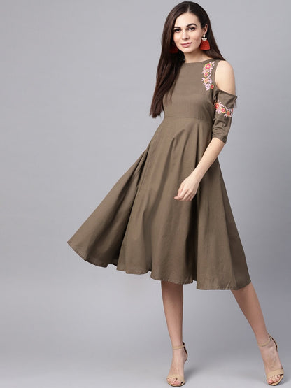 Women's Brown Embroidered Cold Shoulder Dress
