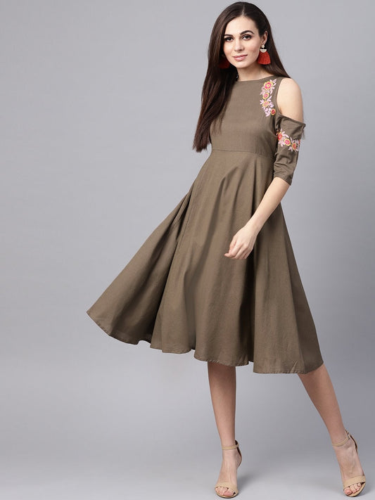 Women's Brown Embroidered Cold Shoulder Dress