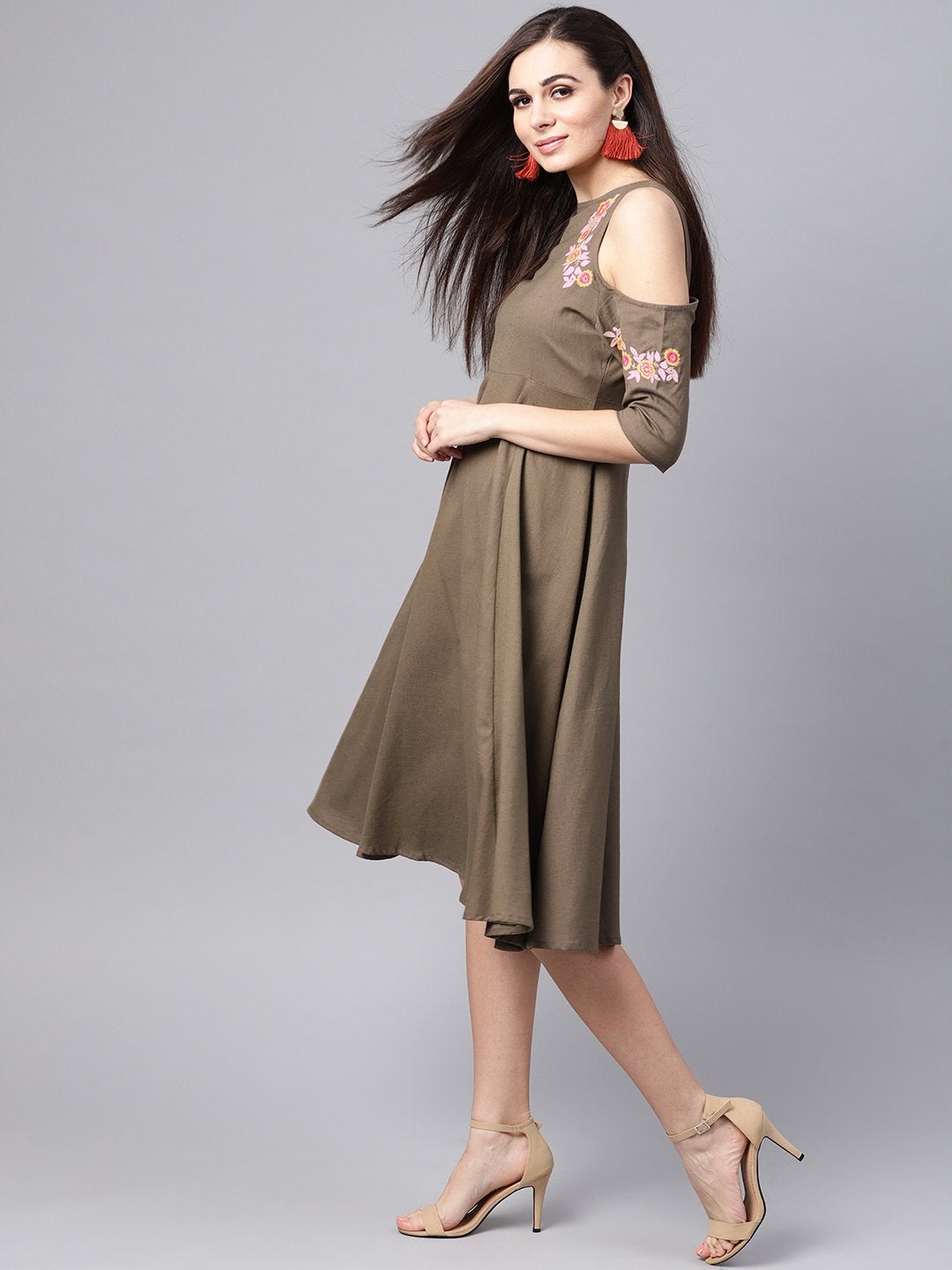Women's Brown Embroidered Cold Shoulder Dress
