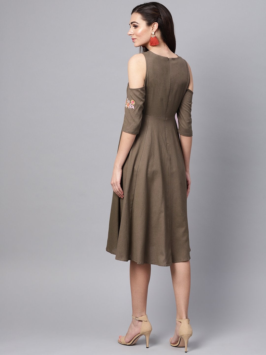 Women's Brown Embroidered Cold Shoulder Dress