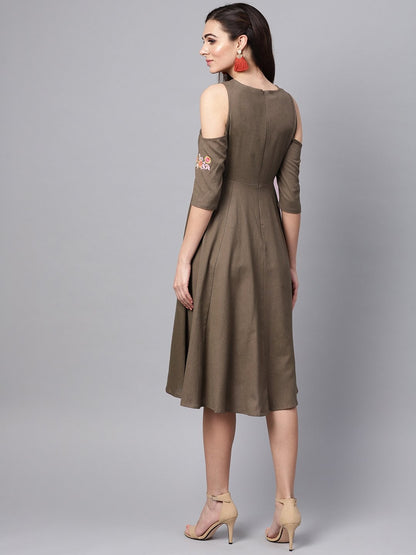 Women's Brown Embroidered Cold Shoulder Dress