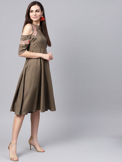 Women's Brown Embroidered Cold Shoulder Dress