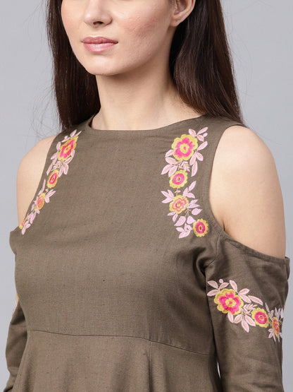 Women's Brown Embroidered Cold Shoulder Dress