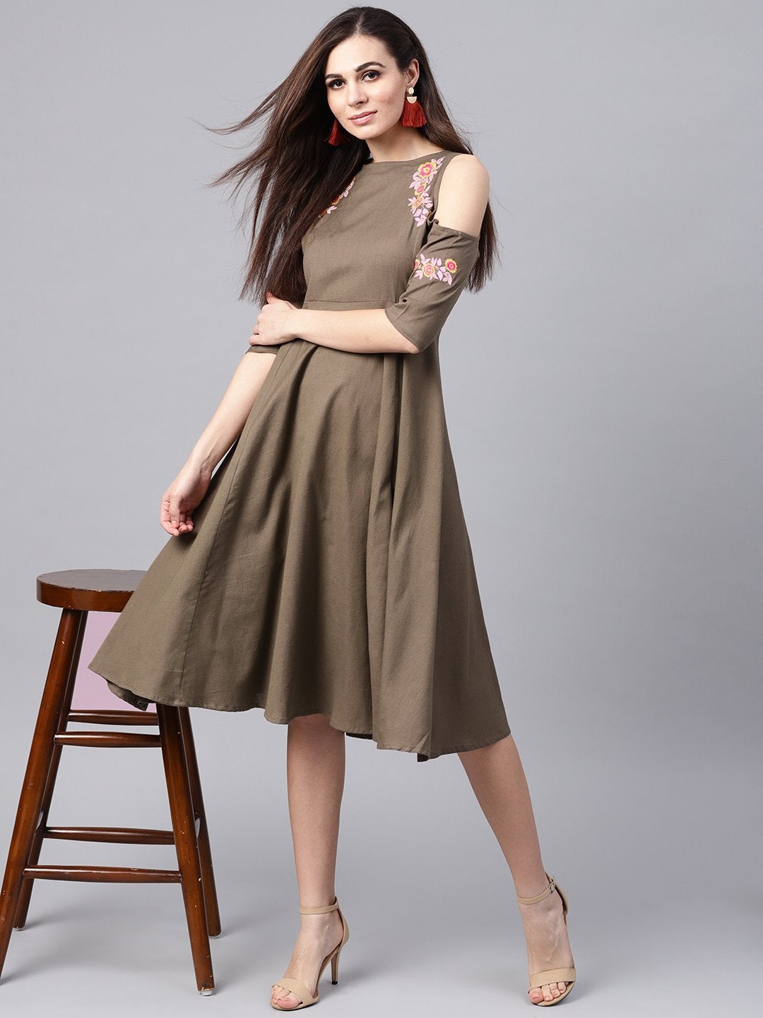 Women's Brown Embroidered Cold Shoulder Dress